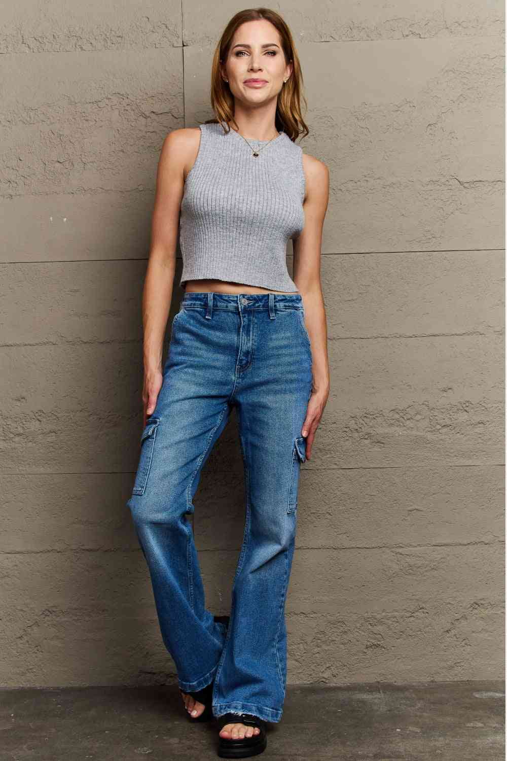 Kancan Holly High Waisted Cargo Flare Jeans - Ladyez