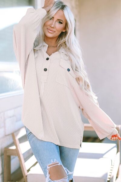 Collared Neck Half Button Long Sleeve Blouse - Ladyez