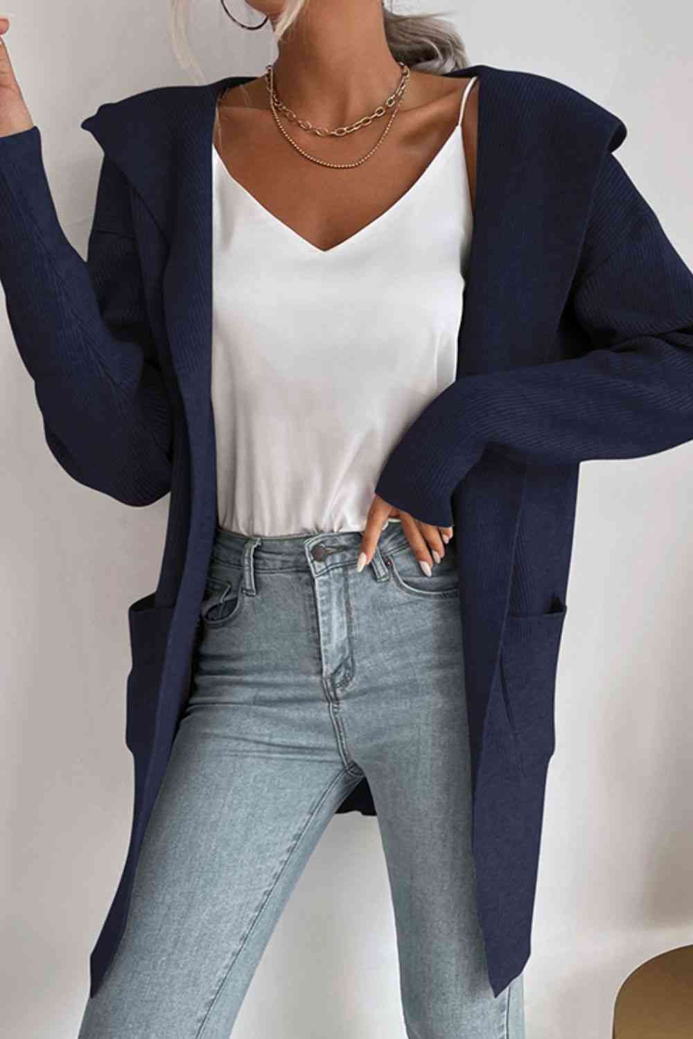 Double Take Ribbed Open Front Hooded Cardigan with Pockets - Ladyez