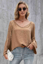 V-Neck Spliced Lace Flare Sleeve Top - Ladyez