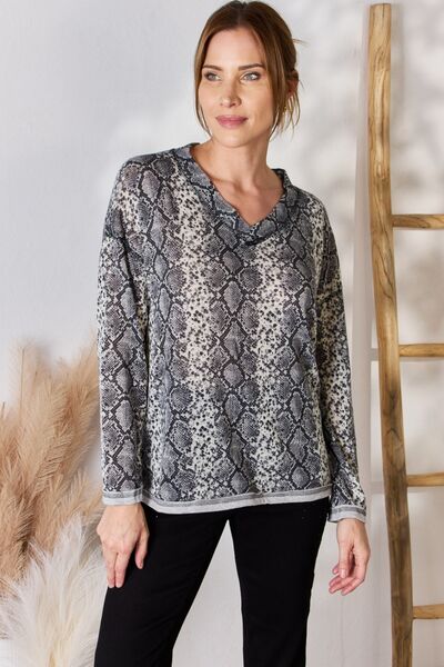 Hailey & Co Full Size Snakeskin V-Neck Long Sleeve Top - Ladyez
