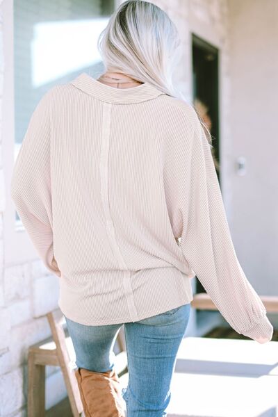 Collared Neck Half Button Long Sleeve Blouse - Ladyez