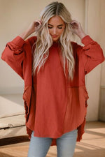 Contrast Texture Round Neck Long Sleeve Blouse - Ladyez