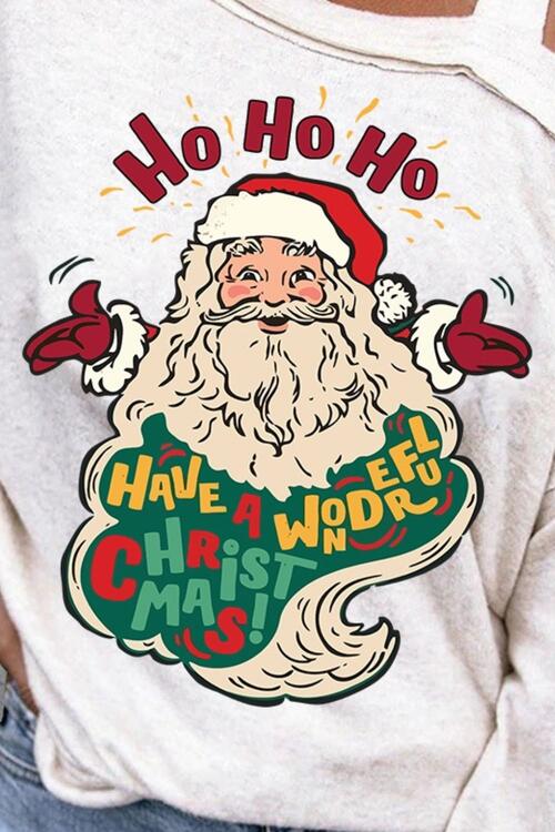 Santa Claus Graphic Asymmetrical Neck Long Sleeve Top - Ladyez