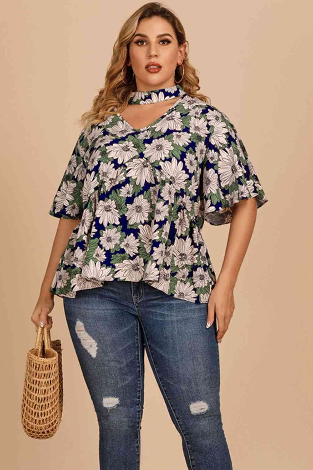 Plus Size Floral Flutter Sleeve Cutout Blouse - Ladyez