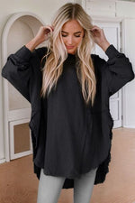 Contrast Texture Round Neck Long Sleeve Blouse - Ladyez
