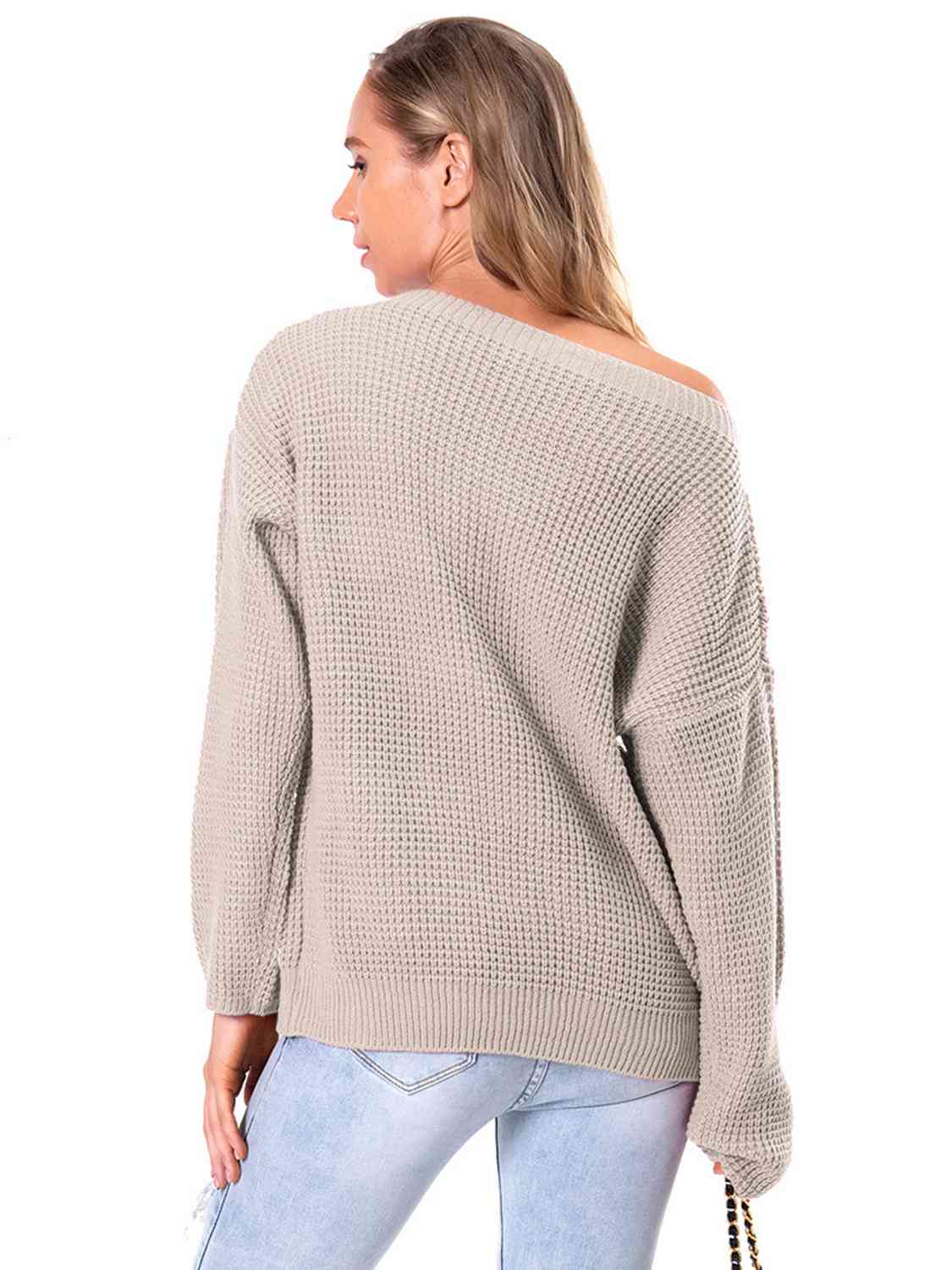 Boat Neck Drop Shoulder Long Sleeve Sweater - Ladyez