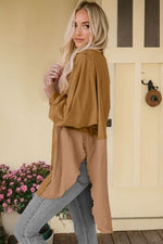 Contrast Texture Round Neck Long Sleeve Blouse - Ladyez
