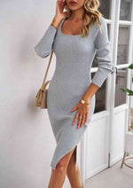 Rib-Knit Slit Sweater Dress - Ladyez