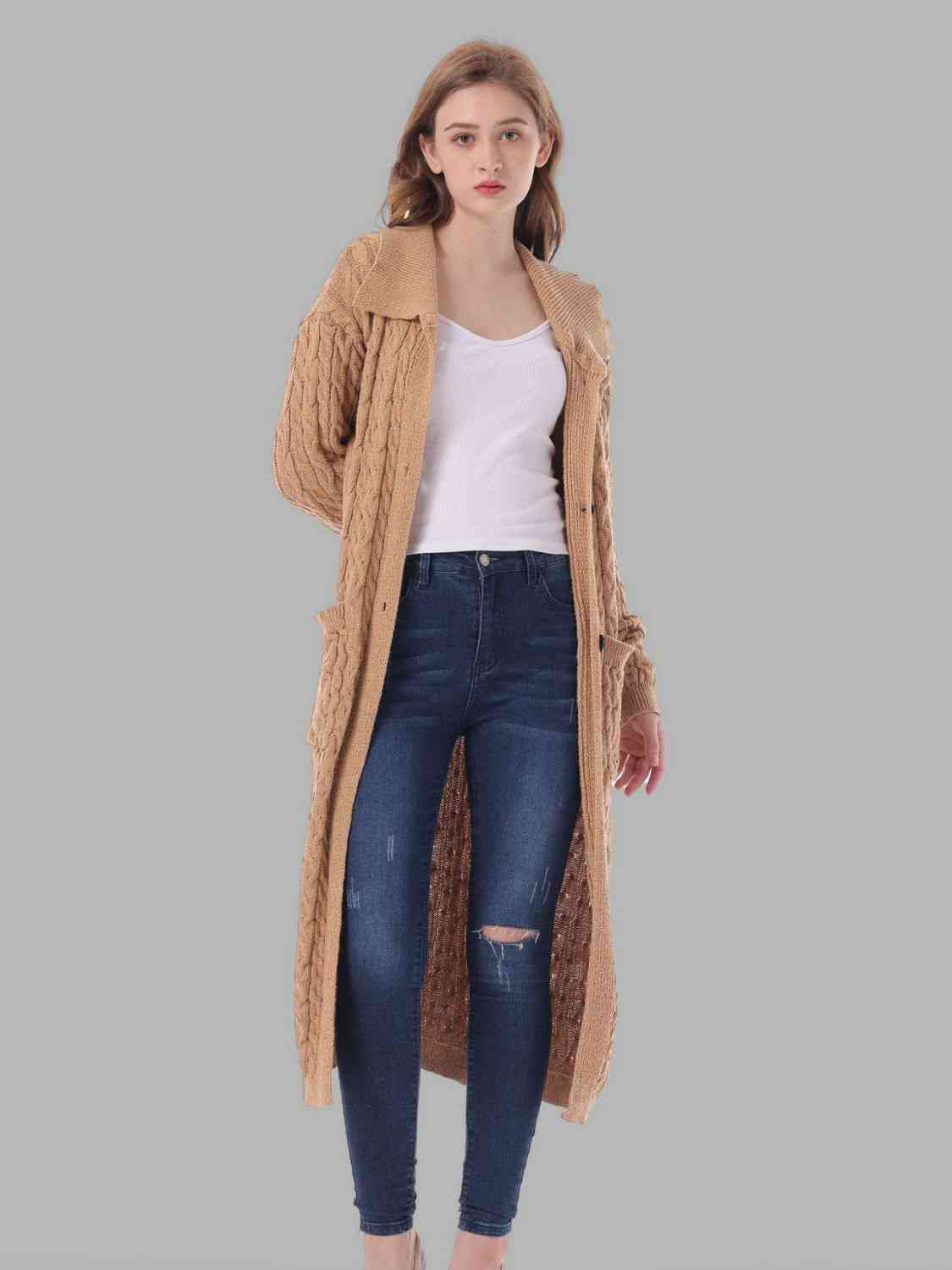 Cable-Knit Collared Neck Cardigan with Pockets - Ladyez
