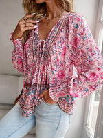 Bohemian Tie Neck Lantern Sleeve Blouse - Ladyez