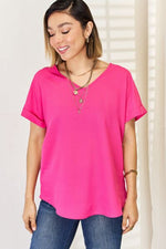 Zenana V-Neck Rolled Short Sleeve T-Shirt - Ladyez