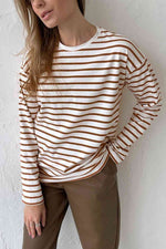 Round Neck Striped Dropped Shoulder T-Shirt - Ladyez