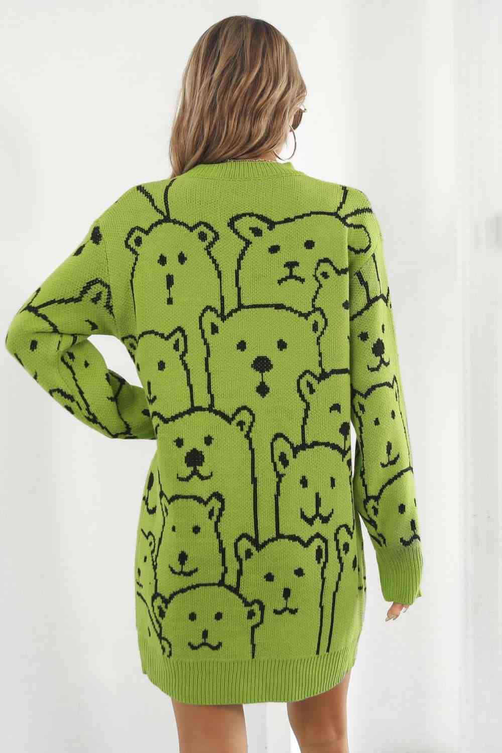 Bear Pattern Round Neck Sweater Dress - Ladyez