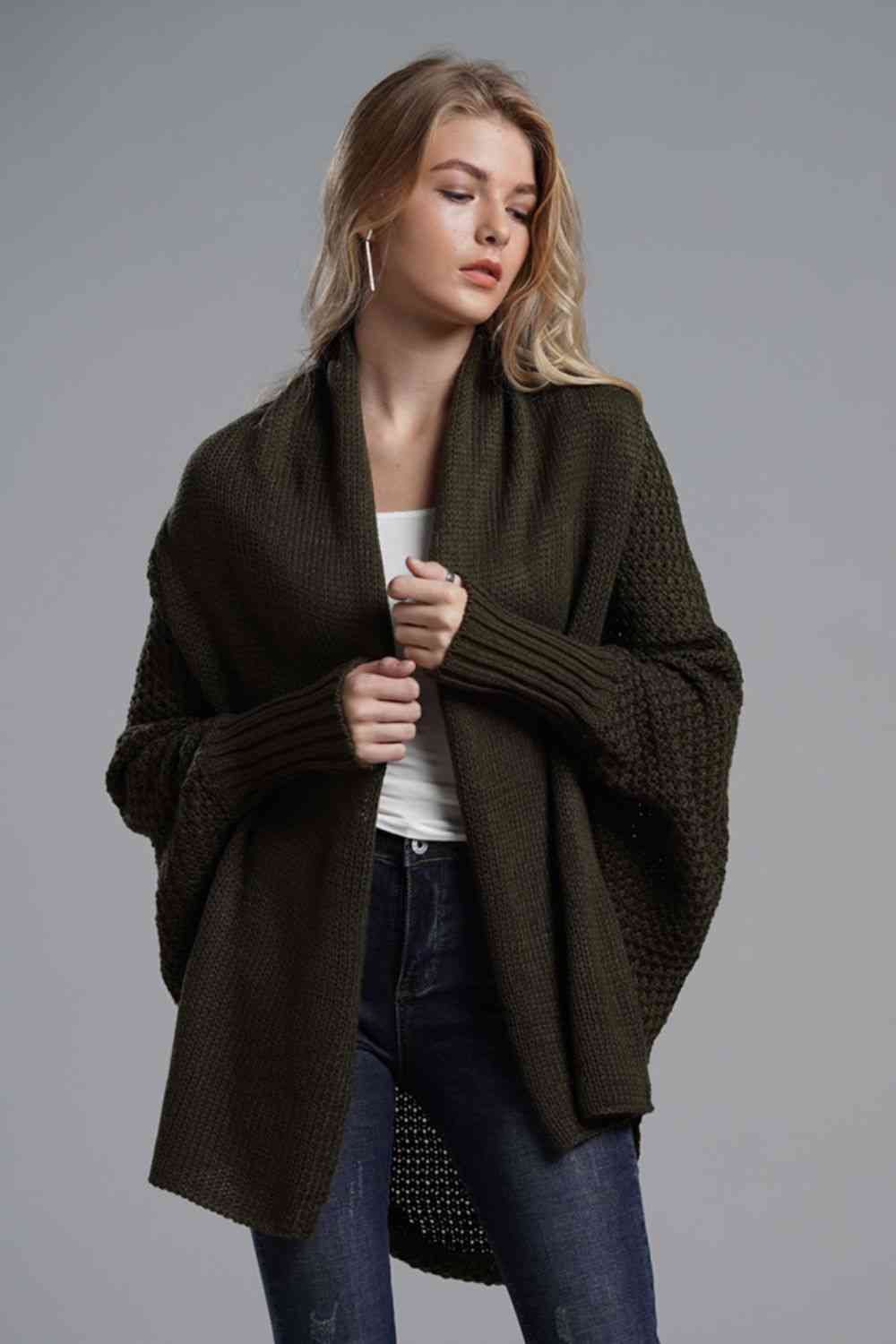 Double Take Dolman Sleeve Open Front Ribbed Trim Longline Cardigan - Ladyez