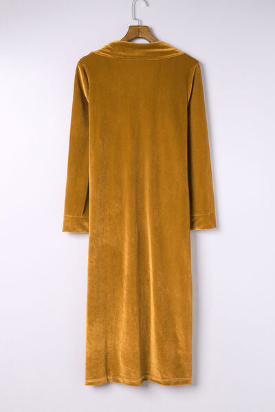 Collared Neck Longline Velvet Cardigan with Pockets - Ladyez