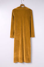 Collared Neck Longline Velvet Cardigan with Pockets - Ladyez