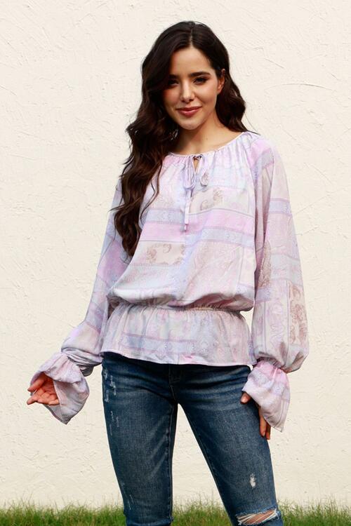 Printed Tie Neck Flounce Sleeve Blouse - Ladyez