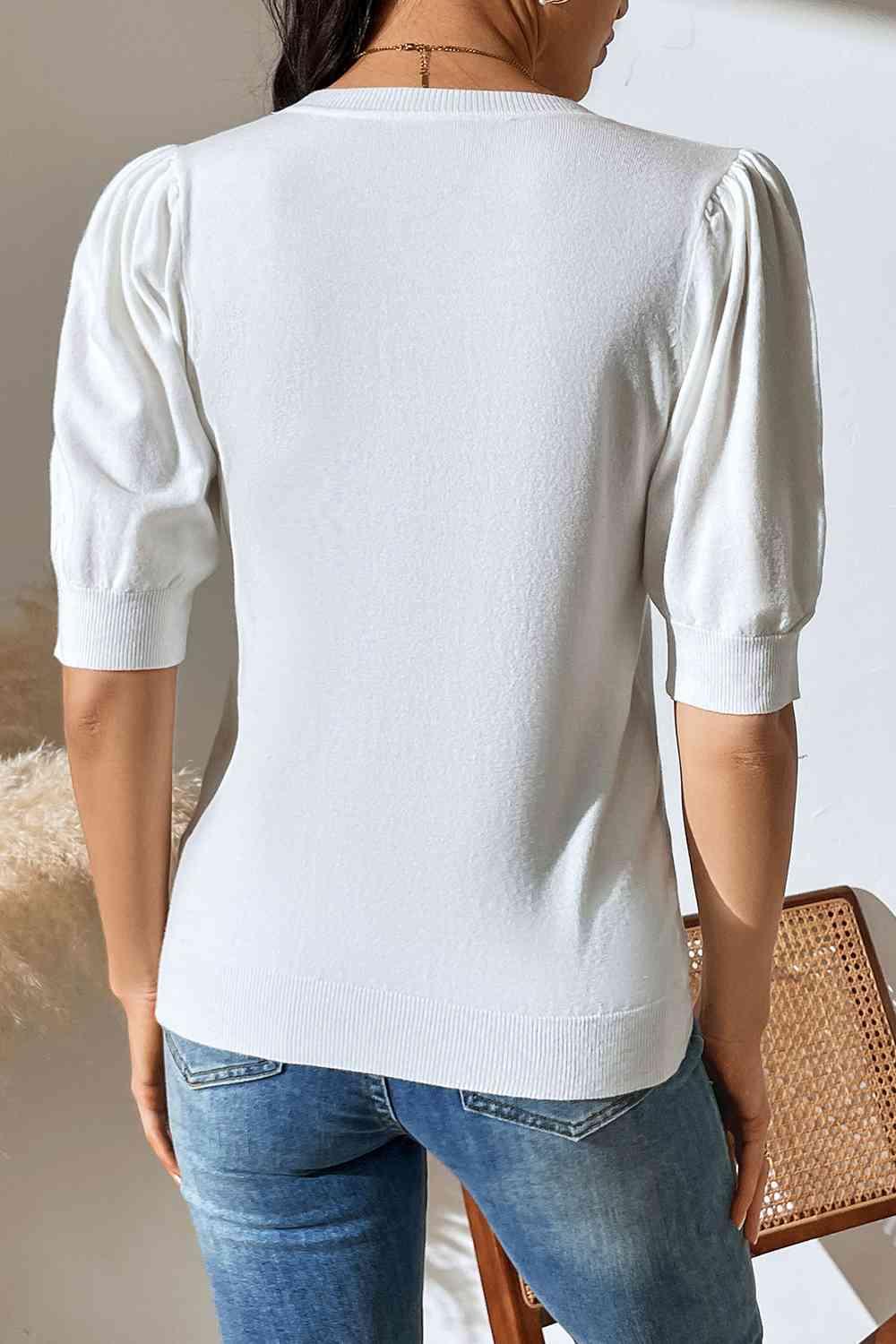 Round Neck Puff Sleeve Knit Top - Ladyez