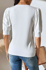 Round Neck Puff Sleeve Knit Top - Ladyez