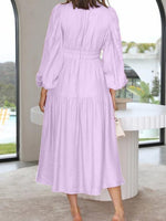 Deep V-Neck Balloon Sleeve Plain Maxi Dress - Ladyez