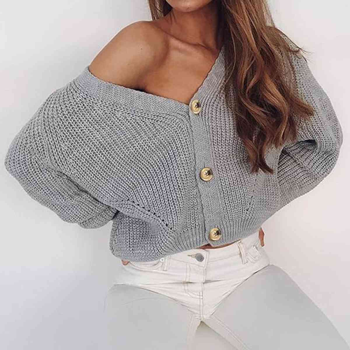 Button Up V-Neck Long Sleeve Cardigan - Ladyez