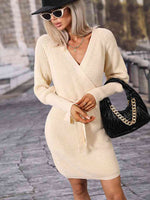 Surplice Neck Tie Waist Sweater Dress - Ladyez