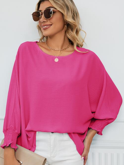 Smocked Lantern Sleeve Round Neck Blouse - Ladyez