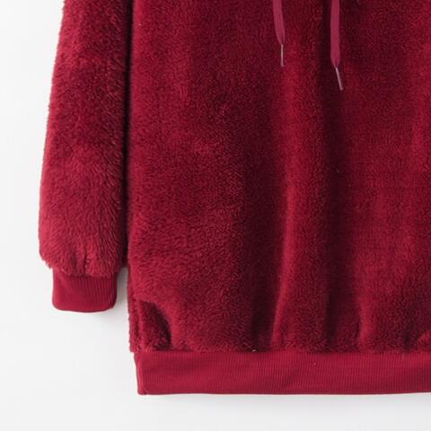 Quarter-Zip Drawstring Teddy Hoodie - Ladyez