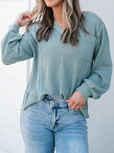 Waffle-Knit V-Neck Blouse with Breast Pocket - Ladyez