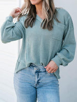 Waffle-Knit V-Neck Blouse with Breast Pocket - Ladyez