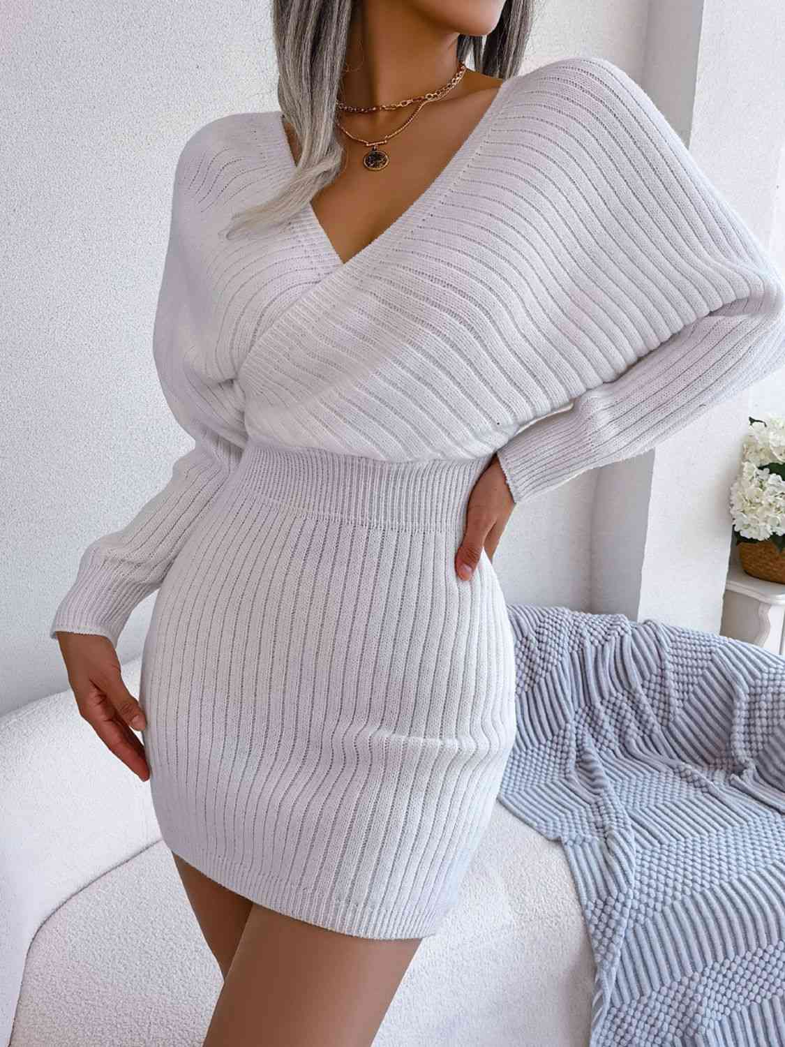 Rib-Knit Dolman Sleeve Sweater Dress - Ladyez