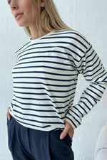 Round Neck Striped Dropped Shoulder T-Shirt - Ladyez