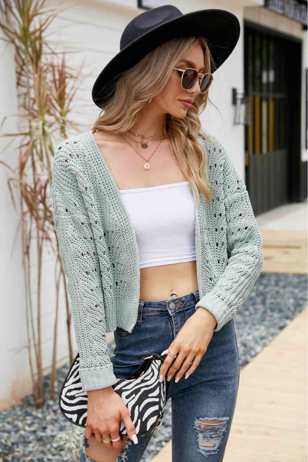 Open Front Cuffed Cropped Cardigan - Ladyez