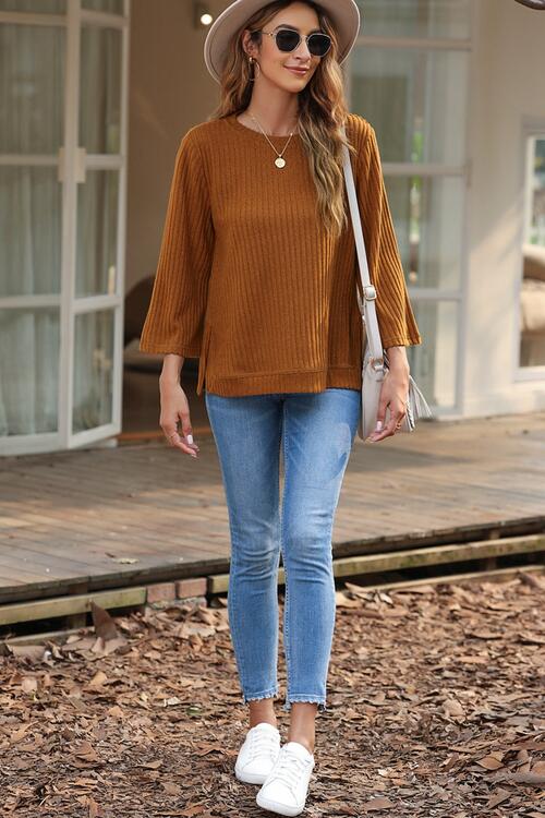 Ribbed Round Neck Slit Top - Ladyez