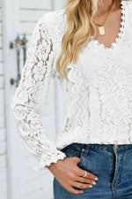 V-Neck Flounce Sleeve Lace Top - Ladyez