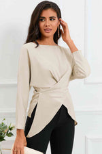 Boat Neck Back Tie Long Sleeve Satin Blouse - Ladyez