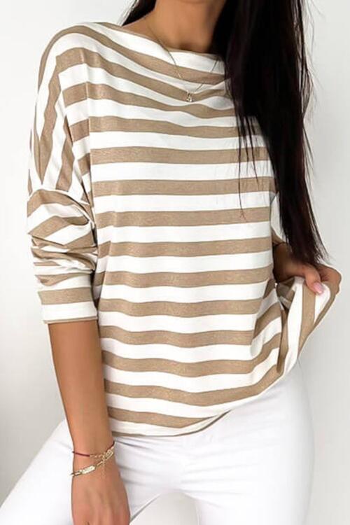 Striped Round Neck Long Sleeve Blouse - Ladyez