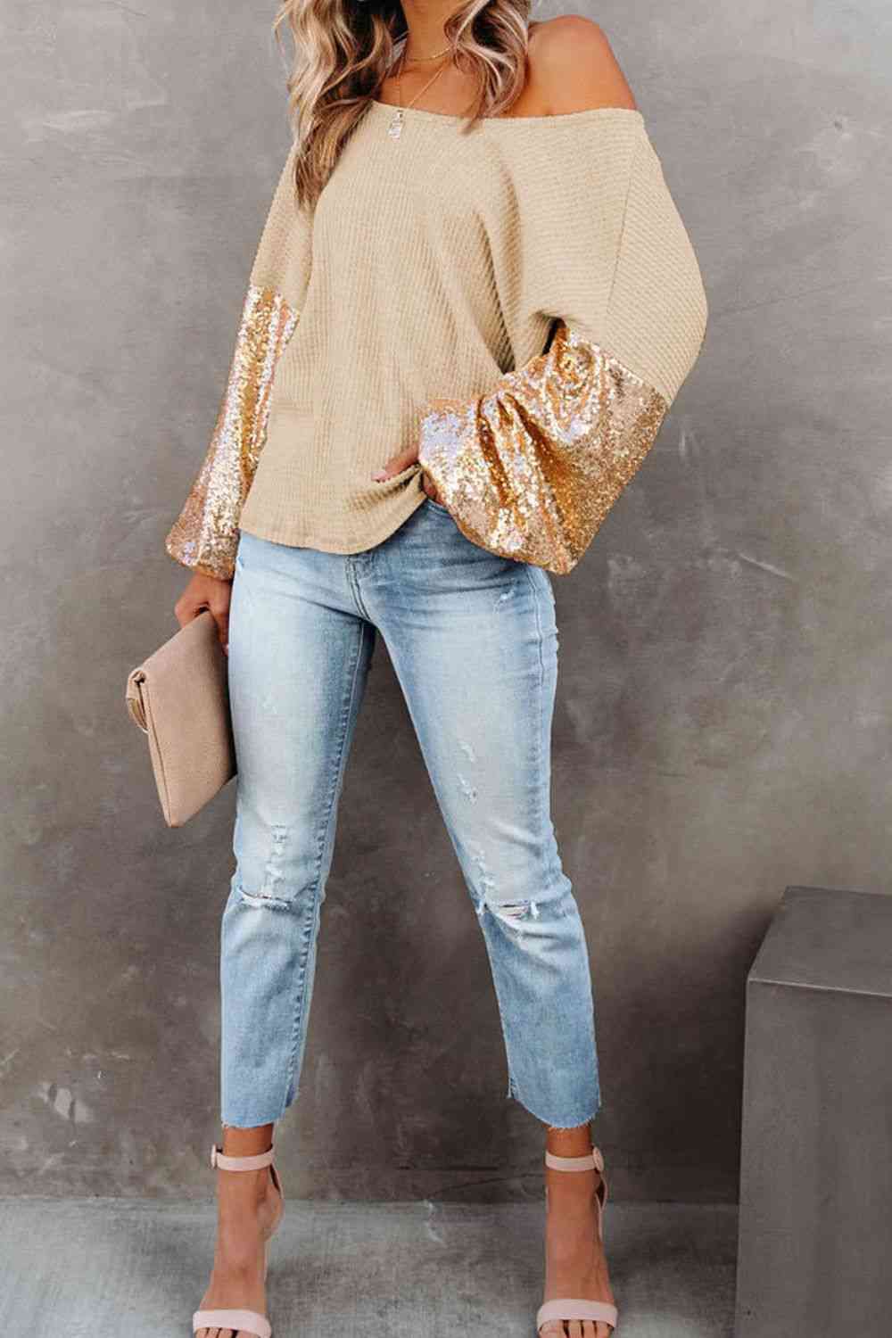 Sequin Waffle-Knit Blouse - Ladyez