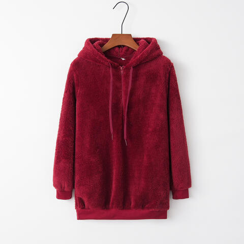 Quarter-Zip Drawstring Teddy Hoodie - Ladyez