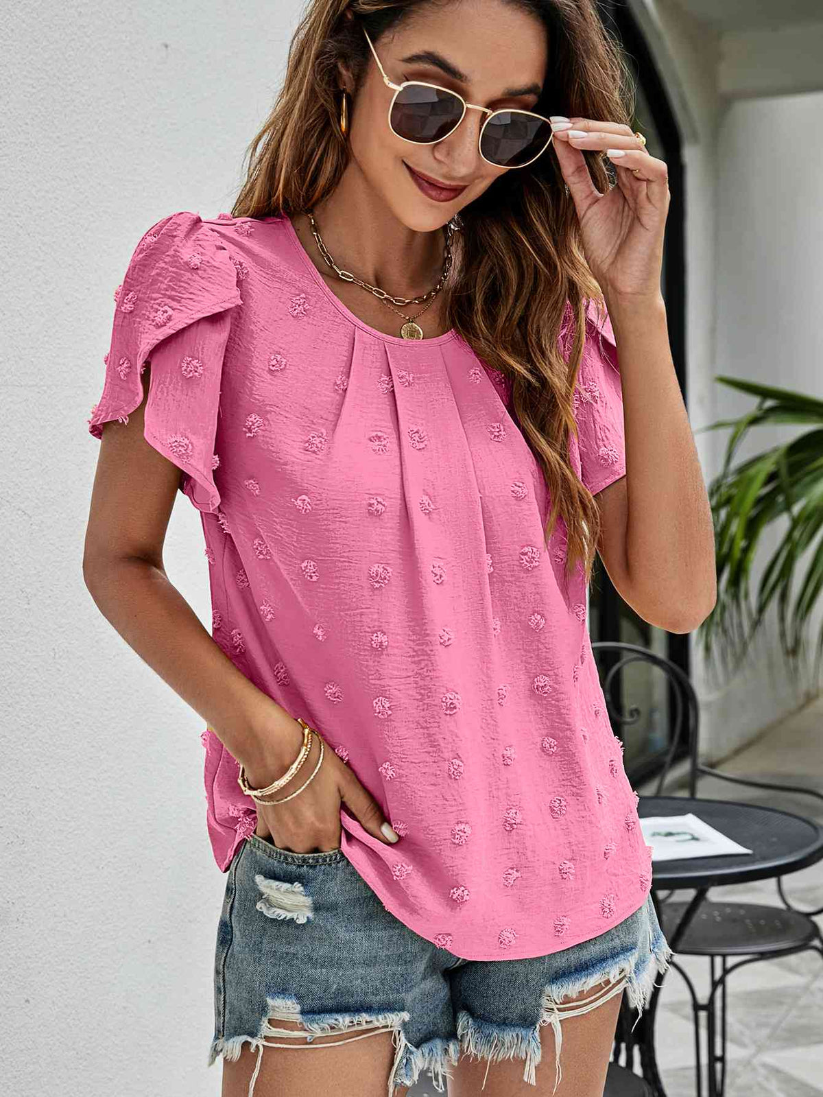 Swiss Dot Round Neck Petal Sleeve Top - Ladyez