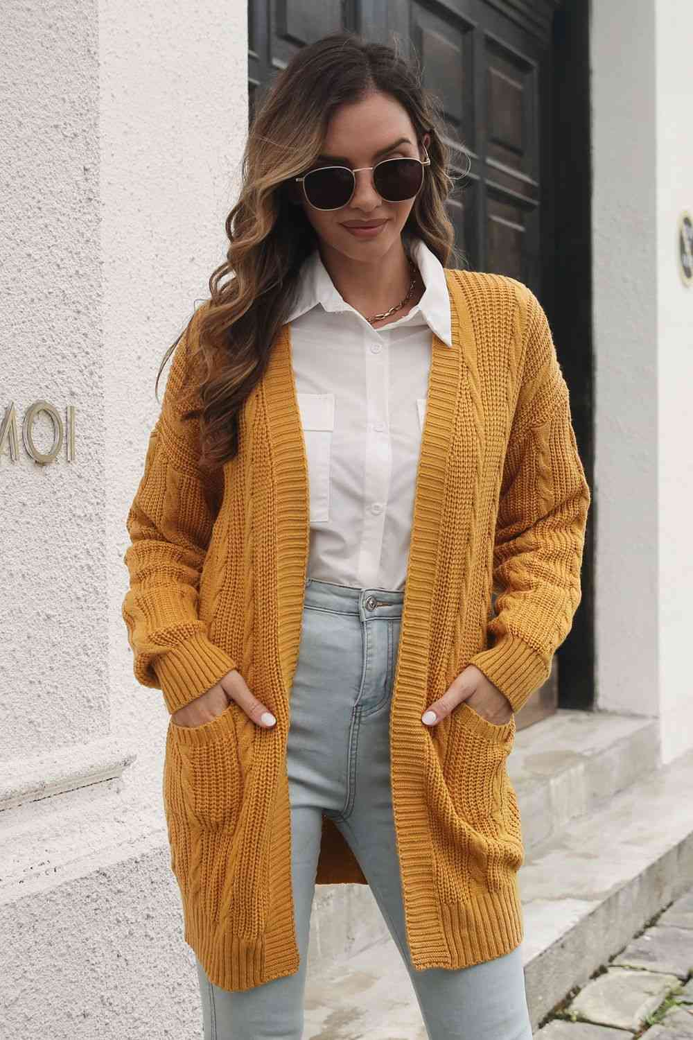 Open Front Longline Cardigan with Pockets - Ladyez