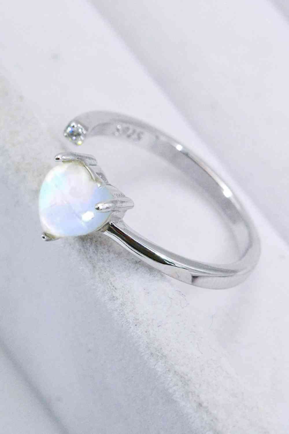 Inlaid Moonstone Heart Adjustable Open Ring - Ladyez