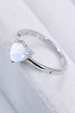 Inlaid Moonstone Heart Adjustable Open Ring - Ladyez