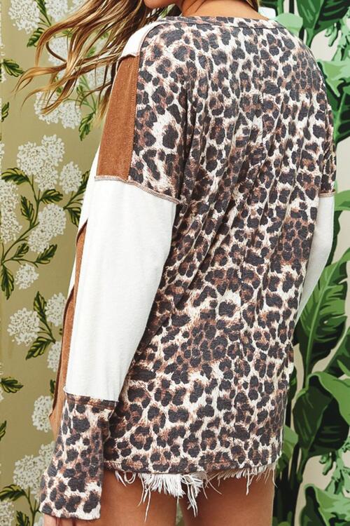 Leopard V-Neck Dropped Shoulder Blouse - Ladyez