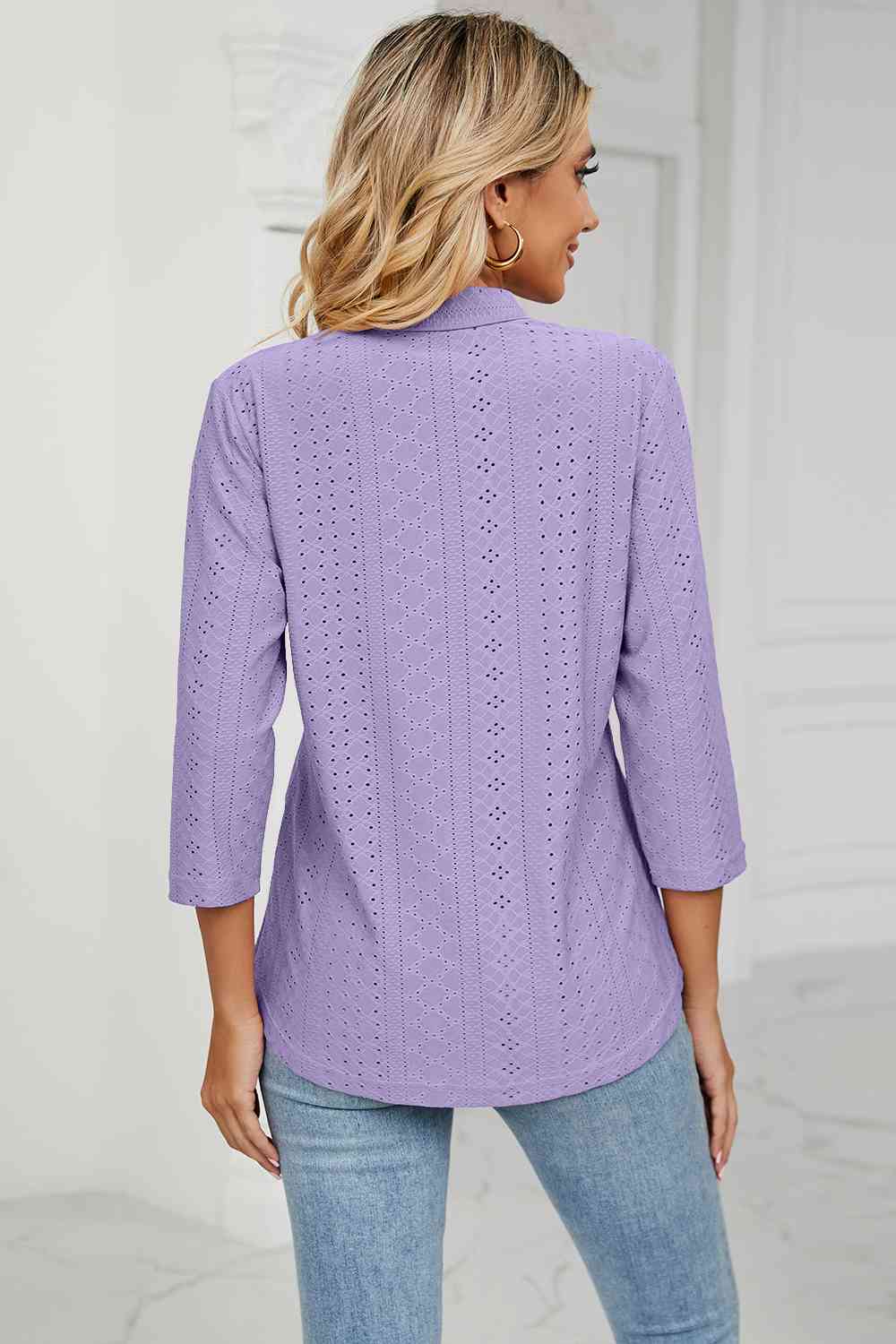 Eyelet Three-Quarter Sleeve Blouse - Ladyez