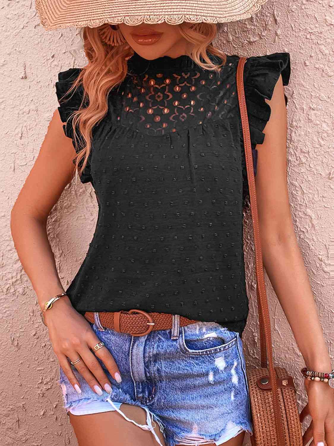 Swiss Dot Butterfly Sleeve Top - Ladyez