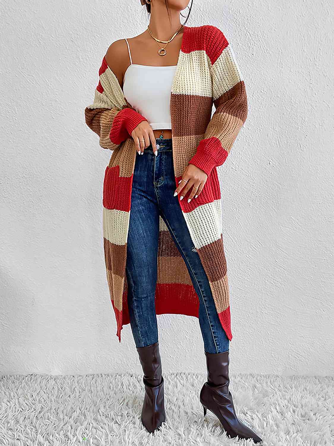 Color Block Open Front Longline Cardigan - Ladyez