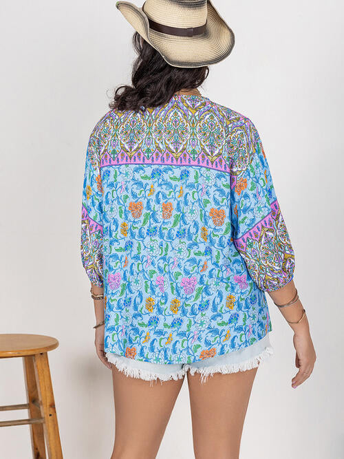 Plus Size Printed Tie Neck Balloon Sleeve Blouse - Ladyez