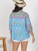 Plus Size Printed Tie Neck Balloon Sleeve Blouse - Ladyez